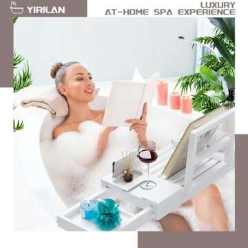 Yirilan Bamboo Bathtub Tray, Expandable Bathroom Tray, Waterproof Tray Caddy, Perfect Bath Caddy for Home Spa, Gift for Loved Ones-White