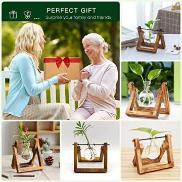 Kingbuy Plant Propagation Station Air Plant Terrarium Bulb Vase with Wooden Swivel Holder Desktop Gl...