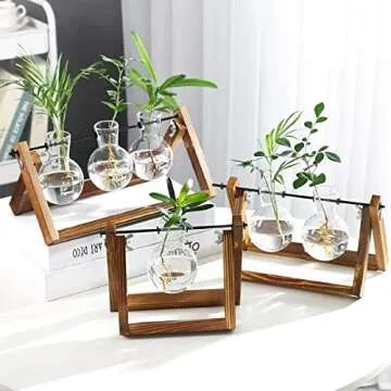 Kingbuy Plant Propagation Station Air Plant Terrarium Bulb Vase with Wooden Swivel Holder Desktop Glass Planter for Indoor Water Plants Home Office Tabletop Decor - 1 Bulb Vase