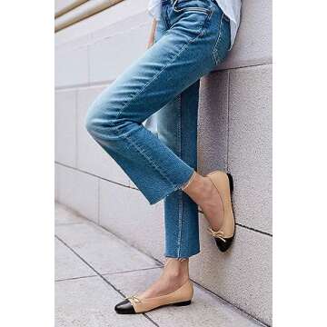 Coutgo Womens Cap Toe Ballet Flats Bow Pointed Toe Slip On Office Work Comfort Dress Party Flat Shoes, Beige, Size 6