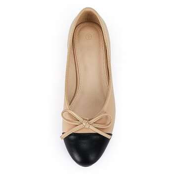 Coutgo Womens Cap Toe Ballet Flats Bow Pointed Toe Slip On Office Work Comfort Dress Party Flat Shoes, Beige, Size 6