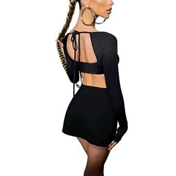 Azhong Women’s 2 Piece Set Long Sleeve Square Neck Crop Top Bodycon Mini Club Party Skirt Set