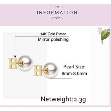Initial Stud Earrings for Women 14K Gold Plated Alphabet Letters Pearl Earrings Personalized Earring...