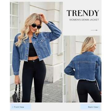 LONGYIDA Women's Cropped Denim Jacket | Distressed Button-Down Jean Jacket | Long Sleeve Ripped & Fr...