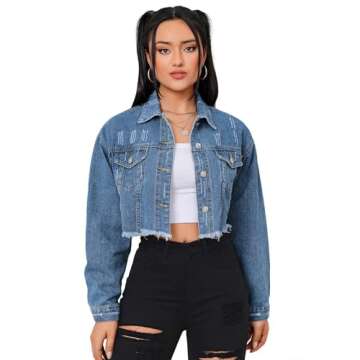 LONGYIDA Women's Cropped Denim Jacket | Distressed Button-Down Jean Jacket | Long Sleeve Ripped & Frayed Blue Coat(Dark Blue,L)
