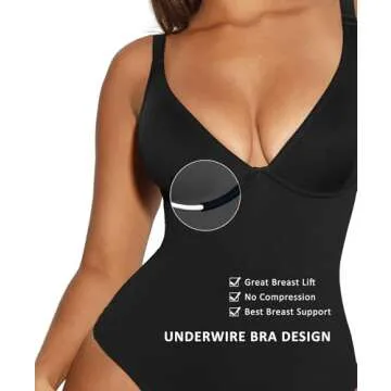 FeelinGirl Shapewear Bodysuits for Women Tummy Control Body Suits Thong Body Shaper Deep V Neck, Black, Medium