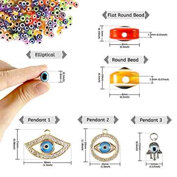 Urradia 520 Pieces Evil Eye Beads Set,400pcs 8mm Flat 100pcs Easter Round Evil Eye Beads and 20 Hams...