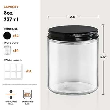 24 Pack, 8 OZ Thick Glass Jars with Metal Lids, Clear Round Candle Making Jars,Empty Food Storage Co...