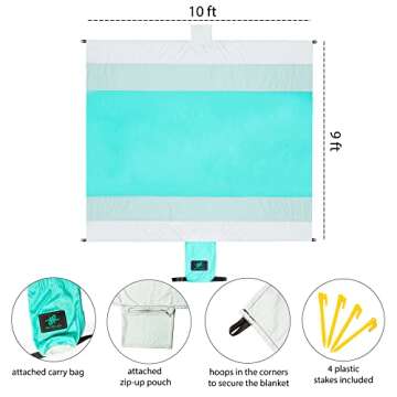 Recrelax Large Sandproof Beach Blanket - 10ft X 9ft - Water Resistant Beach Mat - Lightweight Compact and Durable - 4 Plastic Stakes, Storage Pocket, Carry Bag and Carabiner (Cool Blues)