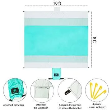 Recrelax Large Sandproof Beach Blanket - 10ft X 9ft - Water Resistant Beach Mat - Lightweight Compact and Durable - 4 Plastic Stakes, Storage Pocket, Carry Bag and Carabiner (Cool Blues)