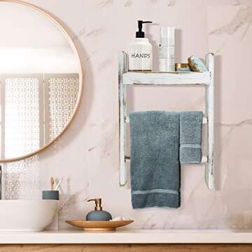 Wall Hanging Ladder Towel Rack with Shelf, Rustic Wall Mount Towel Ladder Wall Decor for Bathroom, K...