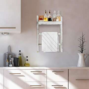 Wall Hanging Ladder Towel Rack with Shelf, Rustic Wall Mount Towel Ladder Wall Decor for Bathroom, Kitchen Hand Towels Holder, Wooden Towel Bar Hanger for Living Room, Bedroom