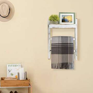 Wall Hanging Ladder Towel Rack with Shelf, Rustic Wall Mount Towel Ladder Wall Decor for Bathroom, Kitchen Hand Towels Holder, Wooden Towel Bar Hanger for Living Room, Bedroom