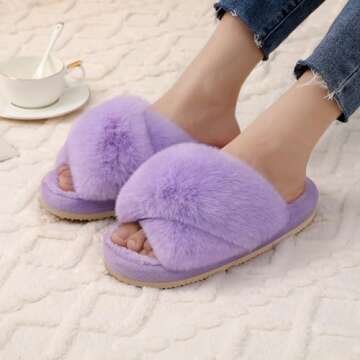 Comwarm Women's Cross Band Fuzzy Slippers Fluffy Open Toe House Slippers Cozy Plush Bedroom Shoes In...