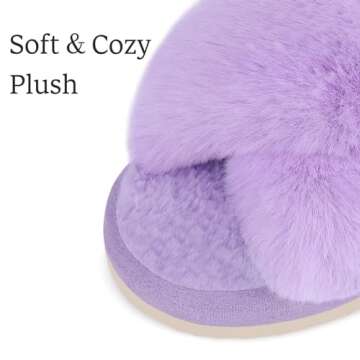 Comwarm Women's Cross Band Fuzzy Slippers Fluffy Open Toe House Slippers Cozy Plush Bedroom Shoes Indoor Outdoor, Purple Size 7-8