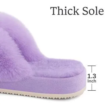 Comwarm Women's Cross Band Fuzzy Slippers Fluffy Open Toe House Slippers Cozy Plush Bedroom Shoes Indoor Outdoor, Purple Size 7-8