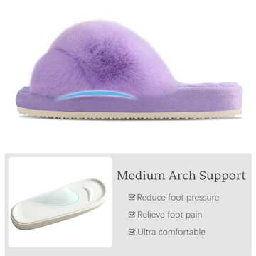Comwarm Women's Cross Band Fuzzy Slippers Fluffy Open Toe House Slippers Cozy Plush Bedroom Shoes Indoor Outdoor, Purple Size 7-8