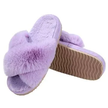 Comwarm Women's Cross Band Fuzzy Slippers Fluffy Open Toe House Slippers Cozy Plush Bedroom Shoes Indoor Outdoor, Purple Size 7-8