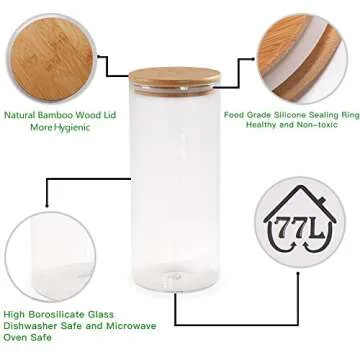 Glass Coffee Bean Container, 52.36 FL OZ (1550 ML), [Thickened Version] 77L Glass Food Storage Jar with Airtight Seal Bamboo Lid - Clear Food Storage Canister for Serving Tea, Coffee, Spice and More