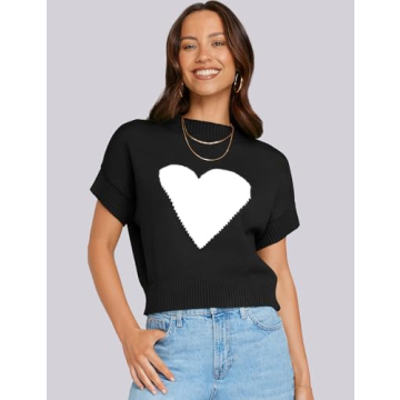 TARSE Womens Cropped Sweater Vest Casual Mock Neck Loose Fit Knit Lightweight Sweater Pullover Top Trendy Cute Heart Cap Sleeve Tops Black, XL