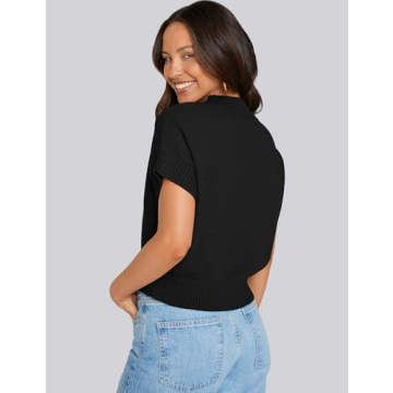 TARSE Womens Cropped Sweater Vest Casual Mock Neck Loose Fit Knit Lightweight Sweater Pullover Top Trendy Cute Heart Cap Sleeve Tops Black, XL