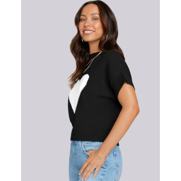 TARSE Womens Cropped Sweater Vest Casual Mock Neck Loose Fit Knit Lightweight Sweater Pullover Top Trendy Cute Heart Cap Sleeve Tops Black, XL