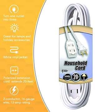 Coleman Cable 94158901 Indoor Extension Cord With 2 Power Outlets ft White, 20 Foot