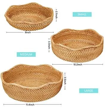 Whalehub Natural Rattan Round Fruit Basket Bowls, Hand Woven Decor Serving Baskets, Wicker Storage for Dinning Room (Wave-Combo)