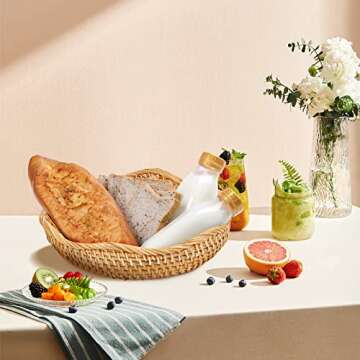 Whalehub Natural Rattan Round Fruit Basket Bowls, Hand Woven Decor Serving Baskets, Wicker Storage for Dinning Room (Wave-Combo)