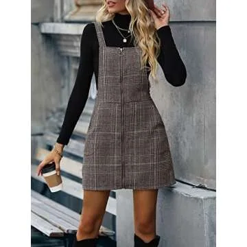 Floerns Women's Tartan Print Zip Up Pinafore Dress
