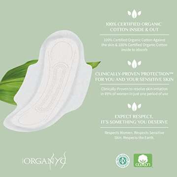 Organyc - 100% Certified Organic Cotton Feminine Pads - Sanitary Napkin with Wings for Women, Moderate Flow, Regular Absorbency, 60 Count (6 Pack of 10 Count)