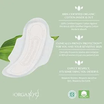 Organyc - 100% Certified Organic Cotton Feminine Pads - Sanitary Napkin with Wings for Women, Moderate Flow, Regular Absorbency, 60 Count (6 Pack of 10 Count)