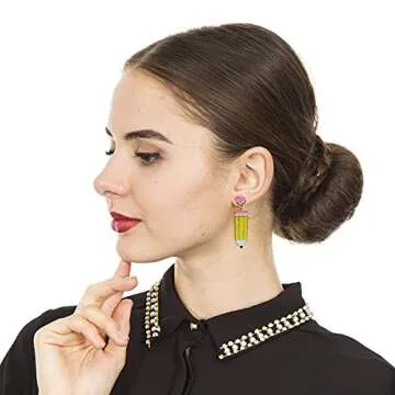 Funny Pencil Earrings for Women,Statement Cubic Zirconia Enamal Fashion Earrings Cute Teacher Party Jewelry,Unique Hypoallergenic Colorful Multicolor with Rhinestone Earrings(yellow)