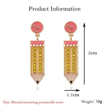 Funny Pencil Earrings for Women,Statement Cubic Zirconia Enamal Fashion Earrings Cute Teacher Party Jewelry,Unique Hypoallergenic Colorful Multicolor with Rhinestone Earrings(yellow)