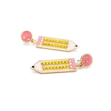 Funny Pencil Earrings for Women,Statement Cubic Zirconia Enamal Fashion Earrings Cute Teacher Party Jewelry,Unique Hypoallergenic Colorful Multicolor with Rhinestone Earrings(yellow)
