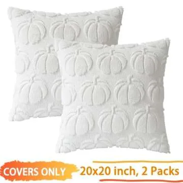 COSIBONO Pumpkin Fall Decorative Throw Pillow Covers 20"x20", Set of 2 Cream White Soft Faux Fur Pillow Covers for Autumn Harvest, Fluffy Plush Accent Pillow Cases for Farmhouse Couch Cushion Covers