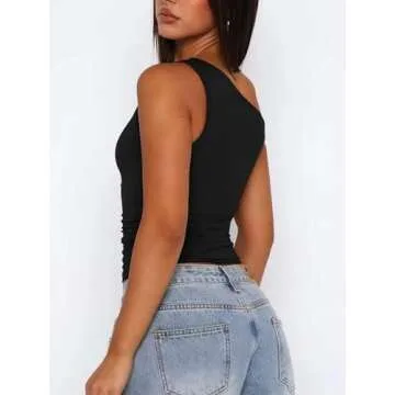CALEBGAR Off The Shoulder Tops for Women Sleeveless Asymmetrical Going Out Shirts Slim Fit Ruched Crop Tank Tops Y2K Trendy 2024 Tight Tops Black L