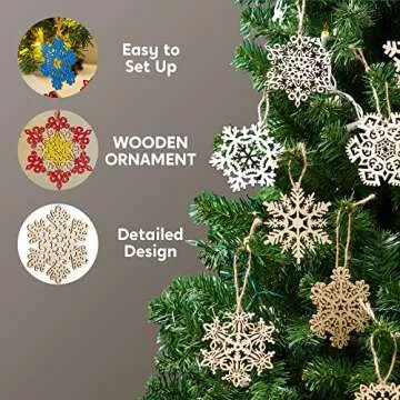 JOIEDOMI 60pcs Christmas Wooden Snowflake Hanging Ornaments Snowflakes Christmas Ornaments for Holidays, Christmas Tree Decoration, Christmas Party Holiday Decor