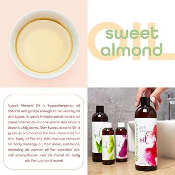 Sweet Almond Oil Carrier Oil - Cold Pressed Pure Natural Body Massage Oils for Essential Oils Mixing, Baby Oil Dry Skin Face Moisturizer Eye Makeup Remover 16 oz