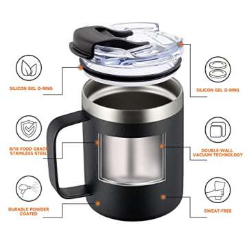 ALOUFEA 12oz Insulated Coffee Mug Cup with Handle, Stainless Steel Travel Coffee Mug with Flip Lid, ...