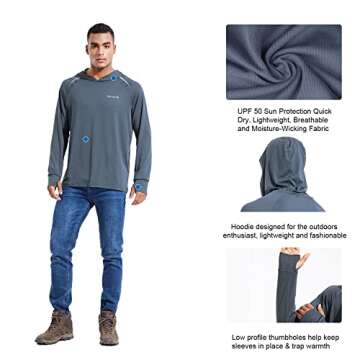 BALEAF Men's UPF 50+ Sun Protection Hoodie Shirt Long Sleeve SPF/UV Quick Dry Lightweight Outdoor Hiking Fishing Gray L