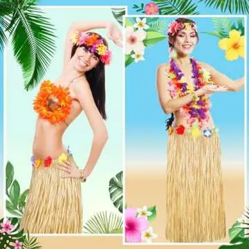 Luau Party Decorations, 2PCS Gold Hawaiian Themed Table Skirt Party Decorations, Flower 108 X 29.5" Grass Skirts Luau Party Favors, Luau Table Skirt for Summer Tropical Hula Parties Decor Accessories
