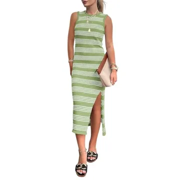 PRETTYGARDEN Women's Summer Bodycon Sundresses Casual Midi Sleeveless Hollow Out Knit Side Slit Stri...