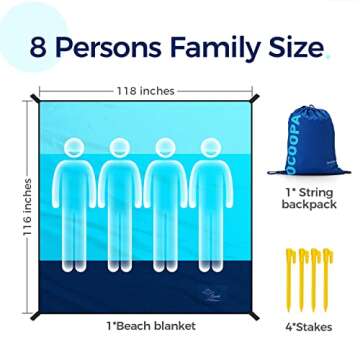 OCOOPA Beach Blanket, Extra Large Sandproof Waterproof, Picnic Mat, 8 Persons Family Size, Sand Free, Comfortable, Durable Parachute Nylon 210T, Lightweight, 4 Stakes&1 Travel Bag, S09
