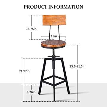 Diwhy Industrial Bar Stool Wood Metal Bar Stool,Adjustable Height Swivel Counter Height Bar Chair wi...