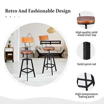 Diwhy Industrial Bar Stool Wood Metal Bar Stool,Adjustable Height Swivel Counter Height Bar Chair with Backrest,Black,Fully Welded Set of 2 (Brown Wooden Top with Wooden Backrest)
