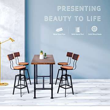 Diwhy Industrial Bar Stool Wood Metal Bar Stool,Adjustable Height Swivel Counter Height Bar Chair with Backrest,Black,Fully Welded Set of 2 (Brown Wooden Top with Wooden Backrest)