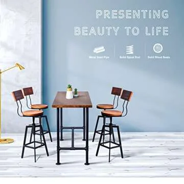 Diwhy Industrial Bar Stool Wood Metal Bar Stool,Adjustable Height Swivel Counter Height Bar Chair with Backrest,Black,Fully Welded Set of 2 (Brown Wooden Top with Wooden Backrest)