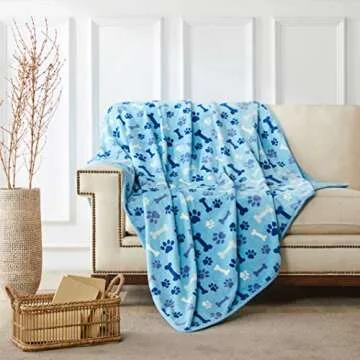 Allisandro Luxurious Dog Blanket, 350 GSM Super Fuzzy Microplush Fleece Pet Blankets for Small Medium Large Dogs and Cats, Blue Paw and Bone, 32" x 24"