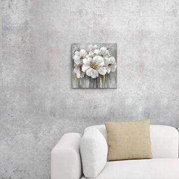 ARTISTIC PATH Floral Canvas Wall Art - White Blooming Flower Picture Artwork Abstract Botanical Prints for Bathroom Bedroom